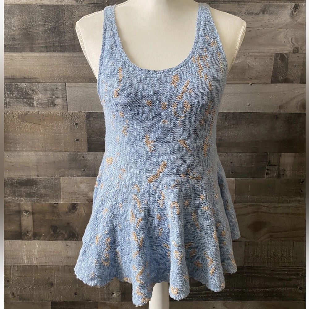 Free People Knitted Top Women’s Small Blue Tan Side by Side Peplum Tank size S - Picture 10 of 13